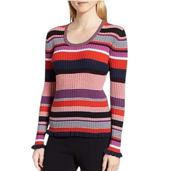 Hugo Boss Ruffled Hem Sleeve Stripe Knit Stretchy Sweater size medium Red Blue - Picture 1 of 9